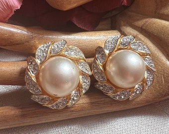 Vintage bold Kenneth Jay Lane faux pearl crystals clip earrings, big KJL pearl crystal clip ons, bride's big pearl clip earrings, wedding