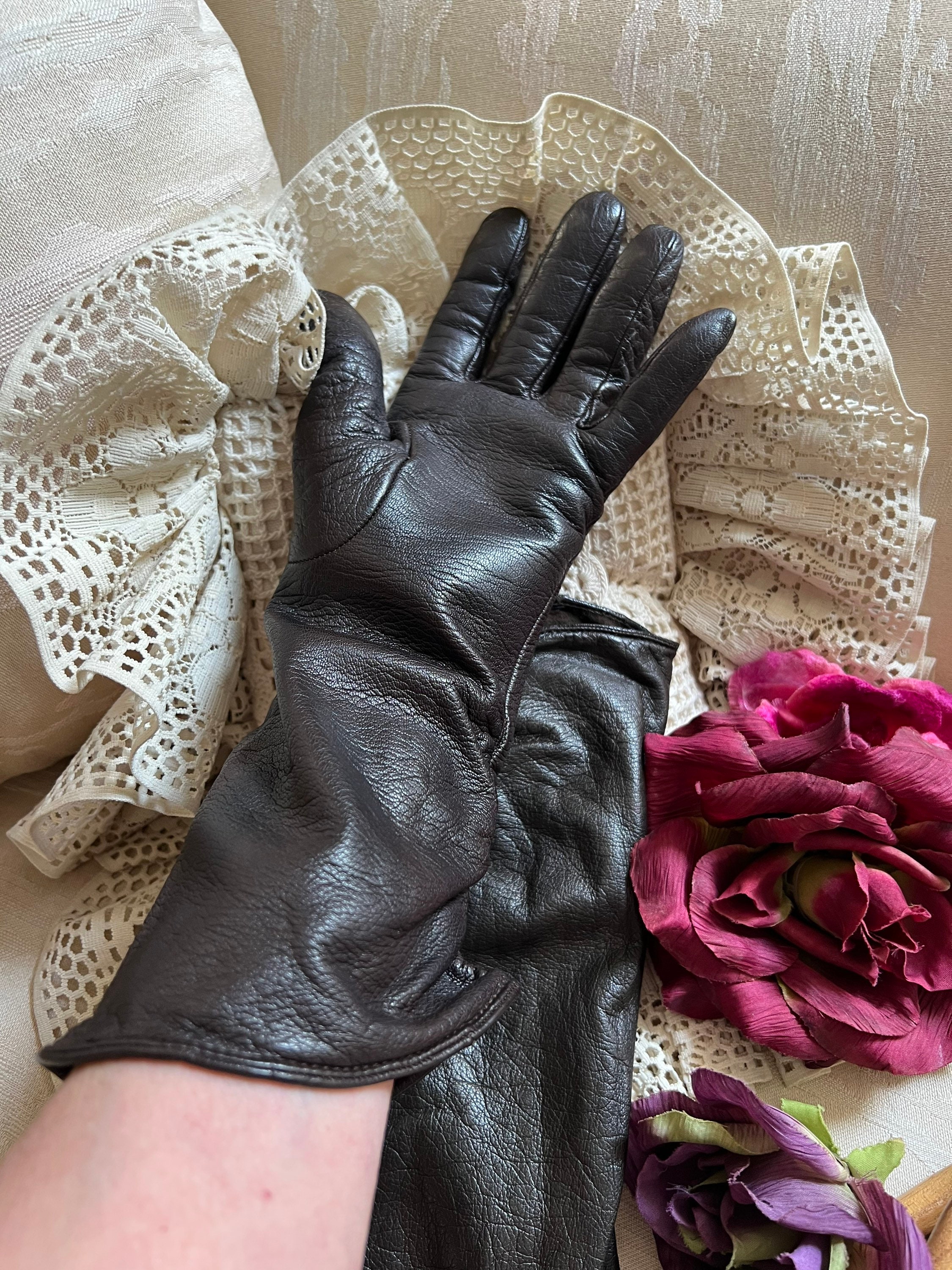 Vintage Dark Brown Leather GUCCI Mid Arm Gloves 7.5 - 8