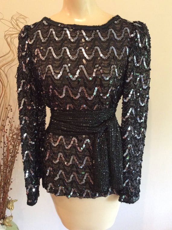 Vintage black silver sequined evening blouse, dis… - image 6