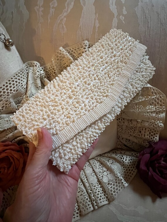 Vintage off white sequins beaded evening clutch, … - image 6