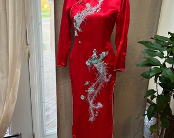 Vintage red silk embroidered long Cheongsam dress S, red silk long sleeve Cheongsam evening gown, peacock embroidered red silk Chinese dress