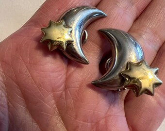 Vintage sterling silver crescent moon star pierced earrings, celestial sterling silver star pierced earrings, moon star sterling earrings