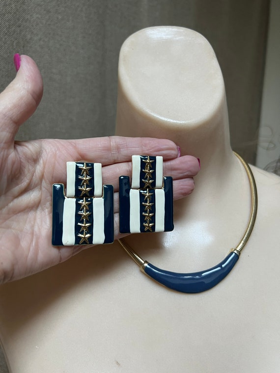 Vintage navy blue gold enamel necklace earrings se