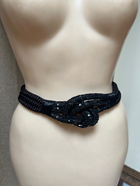 Vintage black sequined knotted fiber dressy belt,… - image 9