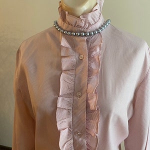 Vintage pink grey pinstriped ruffled blouse M, preppy mauve gray ruffle neck front sleeves professional blouse, silky poly blend pink shirt