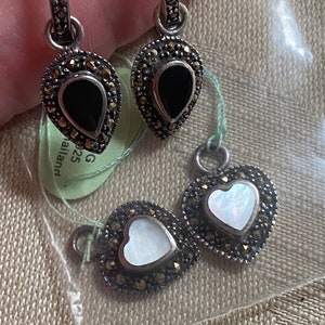 Vintage sterling silver marcasite hoop earring w/ charms, onyx marcasite earring charms, mother of pearl sterling heart charms, earring set