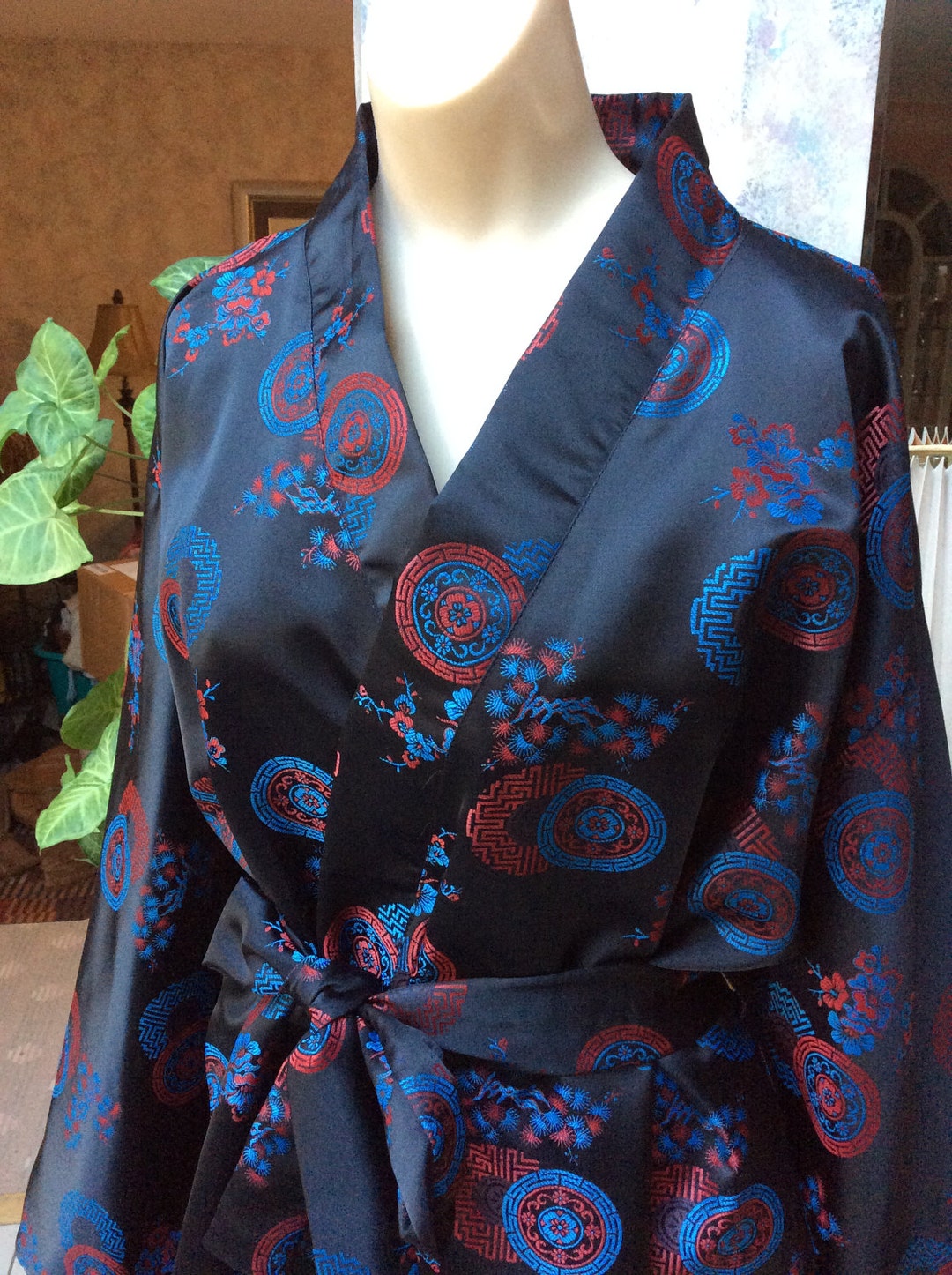 Vintage Woman's Asian Look Kimono Sleeves Wrap Robe, Black Wrap ...