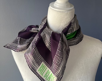 Vintage Bill Blass green purple neck scarf, geometric print neck scarf, Bill Blass scarf, green eggplant geometric Bill Blass neck scarf