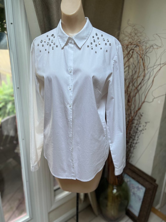Vintage white cotton blend jeweled blouse S/M, wh… - image 9
