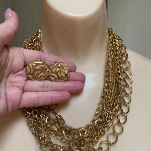 Vintage multi strand goldtone chain link necklace, 10 strand multi size chains necklace, multi chain necklace earrings set, statement set image 3