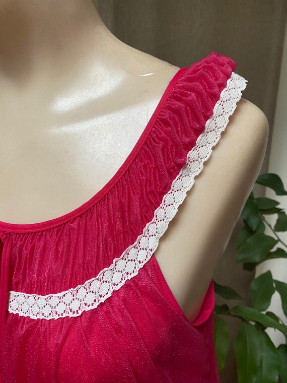 Vintage midcentury long red nylon night gown S, s… - image 5