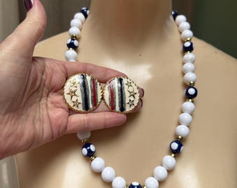 Vintage red white blue patriotic jewelry, America 250 jewelry set, blue/white bead necklace, 90s round stars stripes earrings, USA jewelry