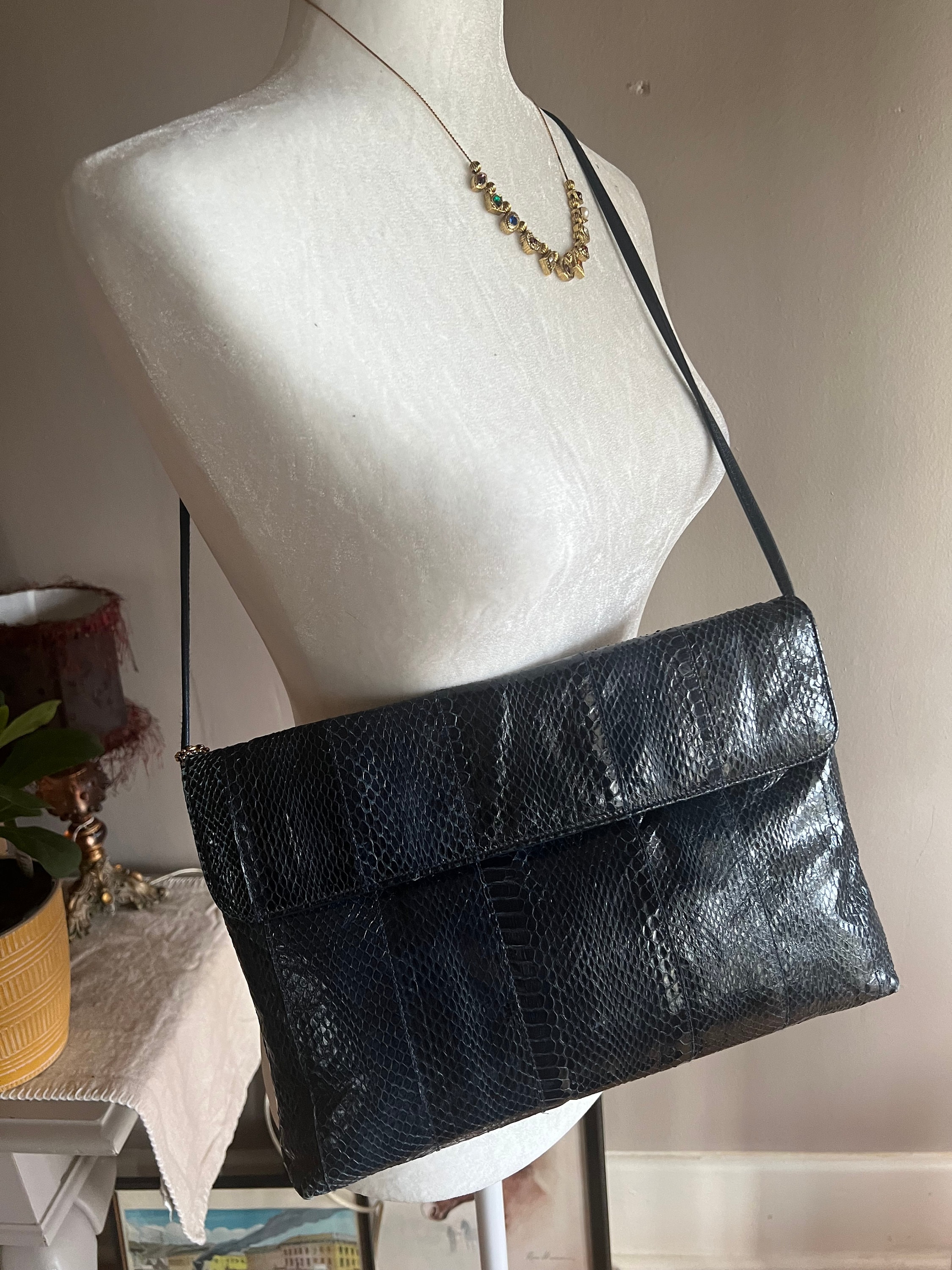 Vintage Darkest Navy Blue Snake Skin Shoulder Bag, Clemente Dark 