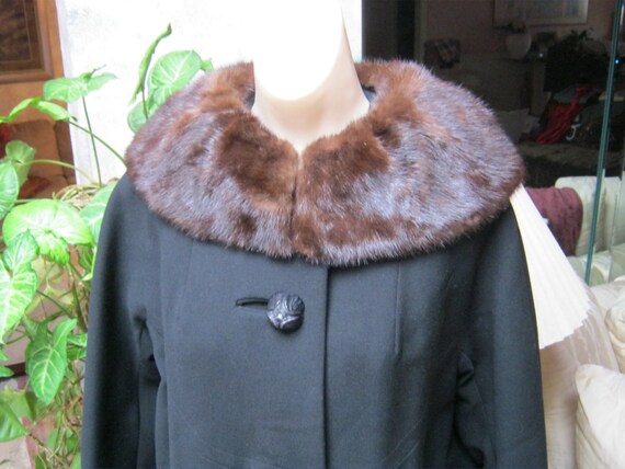 Vintage 1950s black wool coat brown mink collar