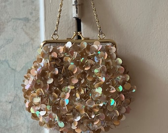 Vintage Jessica McClintock golden paillettes sequins prom purse, golden sequins evening purse, small chain gold/pink sequins wedding purse