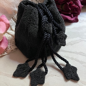 Vintage black seed bead pouch evening bag, made France black bead drawstring pouch bag, black seed bead French drawstring evening purse image 1