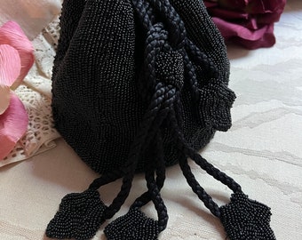 Vintage black seed bead pouch evening bag, made France black bead drawstring pouch bag, black seed bead French drawstring evening purse