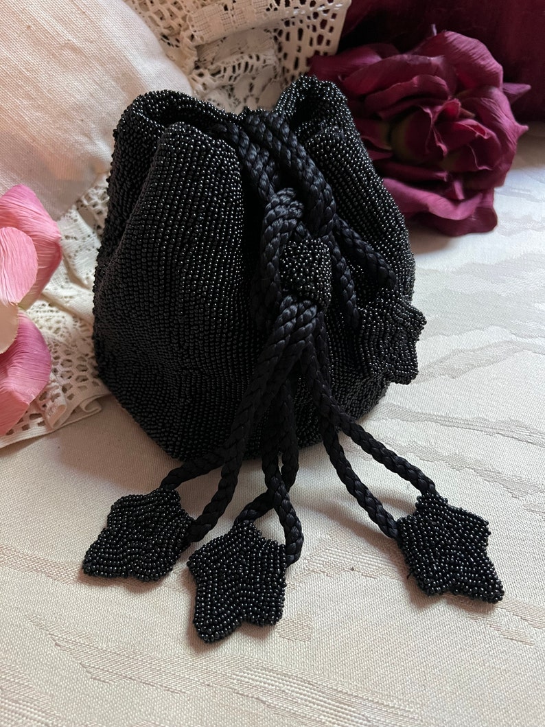 Vintage black seed bead pouch evening bag, made France black bead drawstring pouch bag, black seed bead French drawstring evening purse image 1