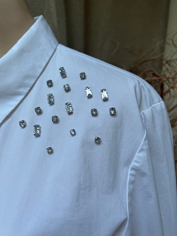 Vintage white cotton blend jeweled blouse S/M, wh… - image 4