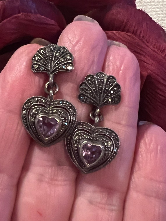 Vintage small sterling marcasite amethyst heart e… - image 10