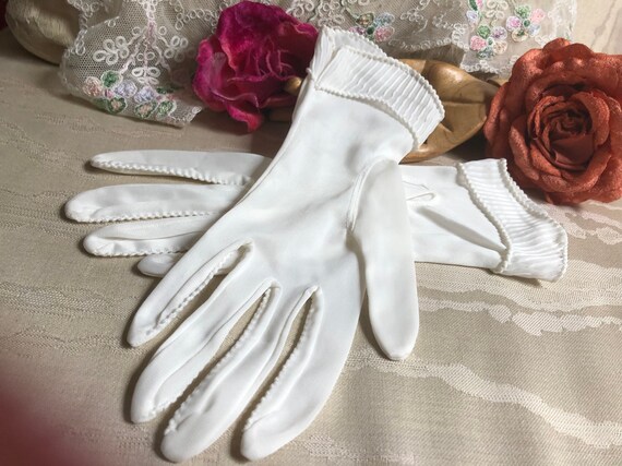 Vintage ivory semi sheer nylon bride's gloves, tu… - image 8