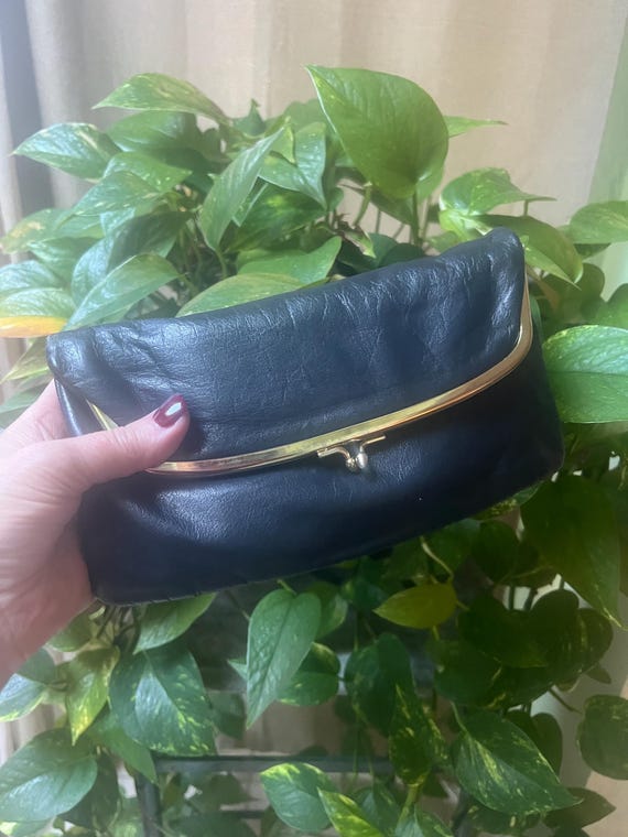 Vintage darkest navy blue leather folding clutch bag, Etra dark blue leather top chain purse, kissing locks blue leather folding purse