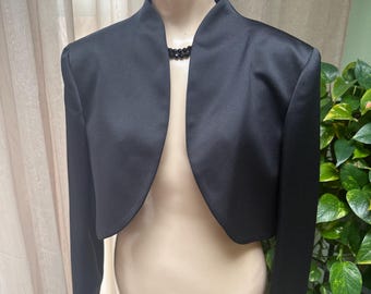 Vintage Oleg Cassini black satiny bolero 14/L, Black Tie formal black bolero jacket 14, black bolero cropped formal top 14/L, cropped top L