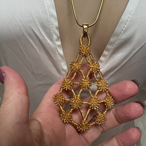 Vintage big Trifari geometric pendant necklace, 24&quot; snake chain, modern textured openwork goldplate pendant, Trifari necklace
