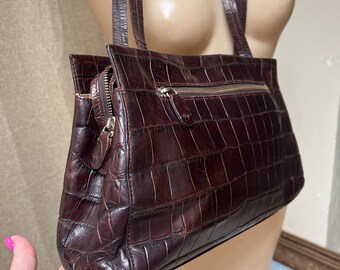 Vintage dark brown faux croc leather Monsac large handbag, multi sections Monsac dark brown shoulder bag, Monsac large daily shoulder bag