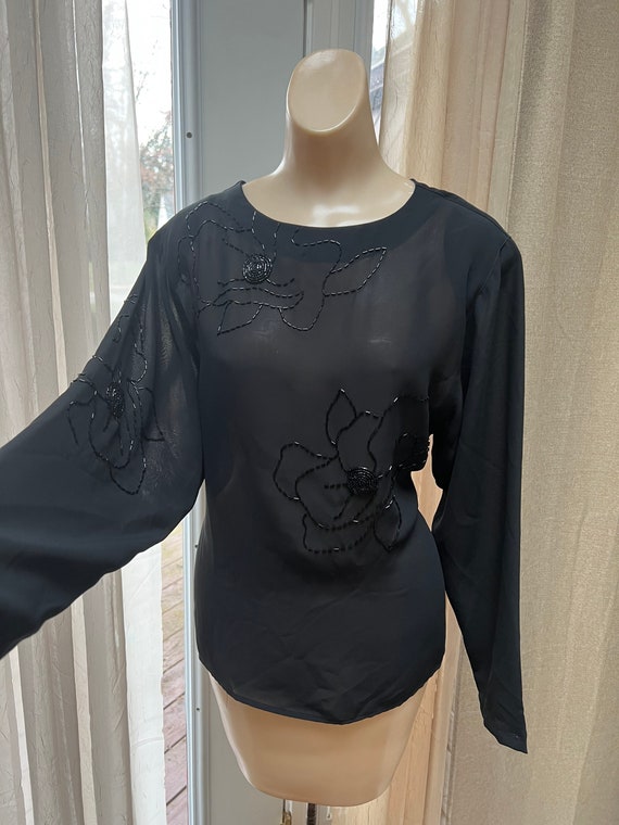 Vintage sheer black bugle beaded evening blouse S… - image 5