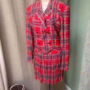 Vintage red plaid schoolgirl blazer pleated short skirt S/M, tartan plaid rayon double breasted short jacket M, short red plaid skirt S/M