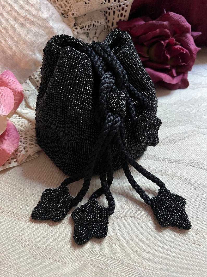 Vintage black seed bead pouch evening bag, made France black bead drawstring pouch bag, black seed bead French drawstring evening purse image 10