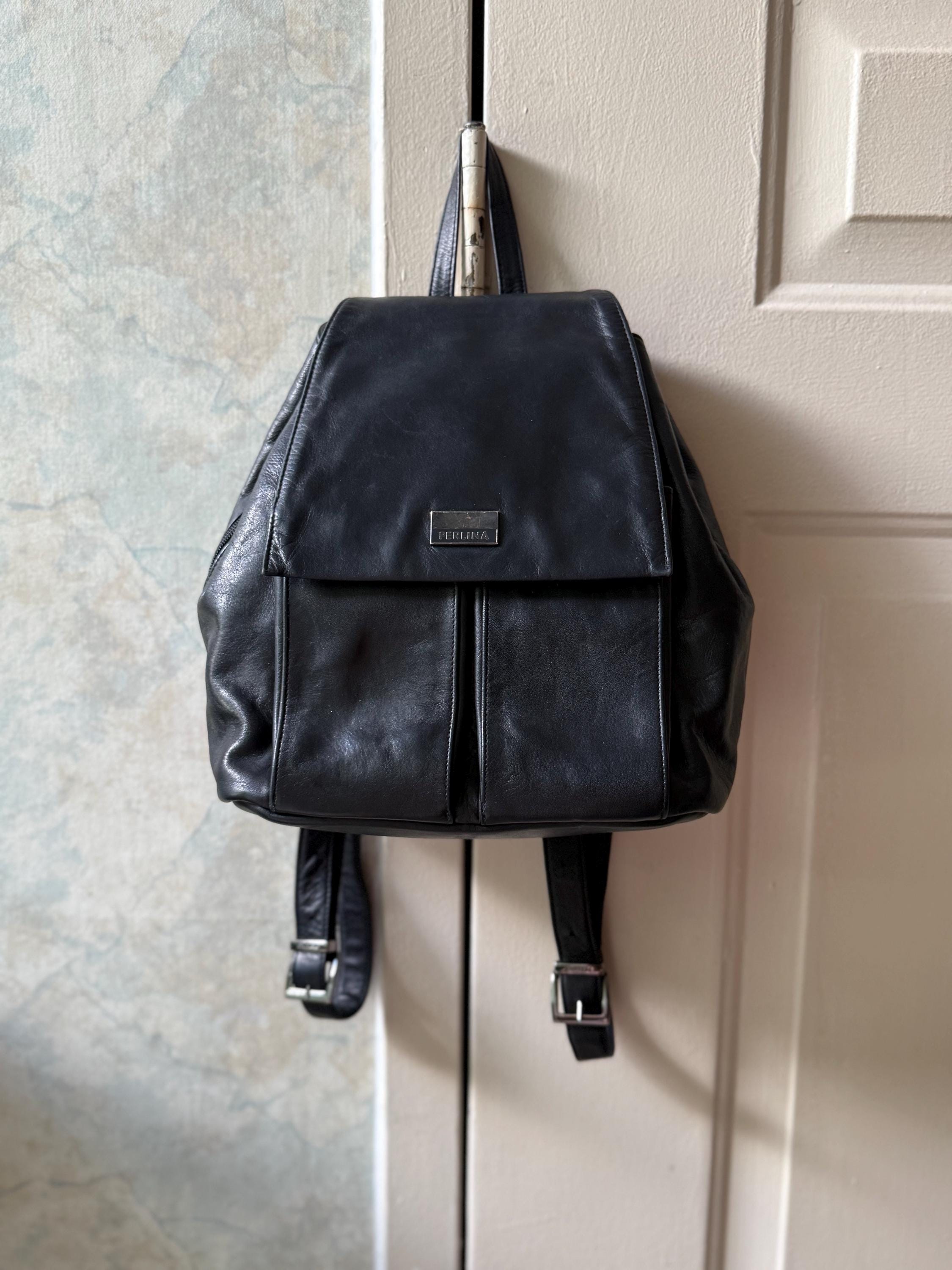 Vintage Perlina Black Leather Book Bag, Perlina Black 