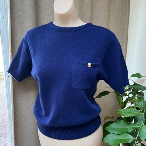 Vintage navy blue lambswool angora sweater S, short sleeve blue Liz Claiborne sweater S, fuzzy blue pullover sweater S, preppy blue sweater