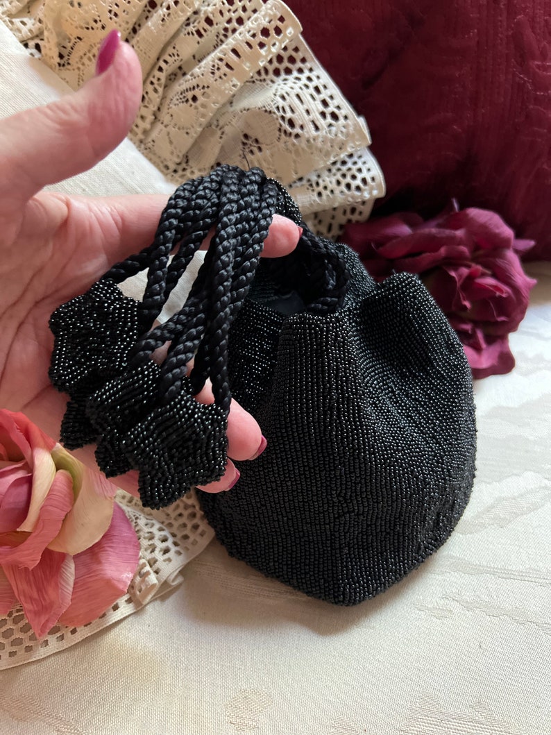 Vintage black seed bead pouch evening bag, made France black bead drawstring pouch bag, black seed bead French drawstring evening purse image 4