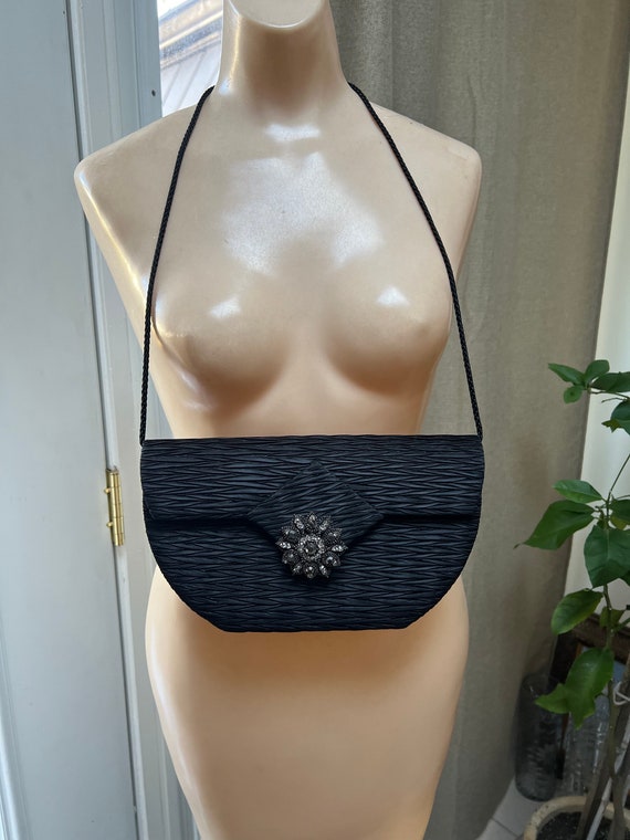 Vintage black pleated shaped satiny purse, La Reg… - image 3