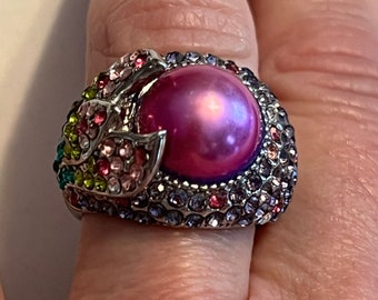 Vintage faux fuchsia/magenta faux pearl statement ring, sterling silver multi color crystals dinner ring, pink faux pearl colorful ring 8