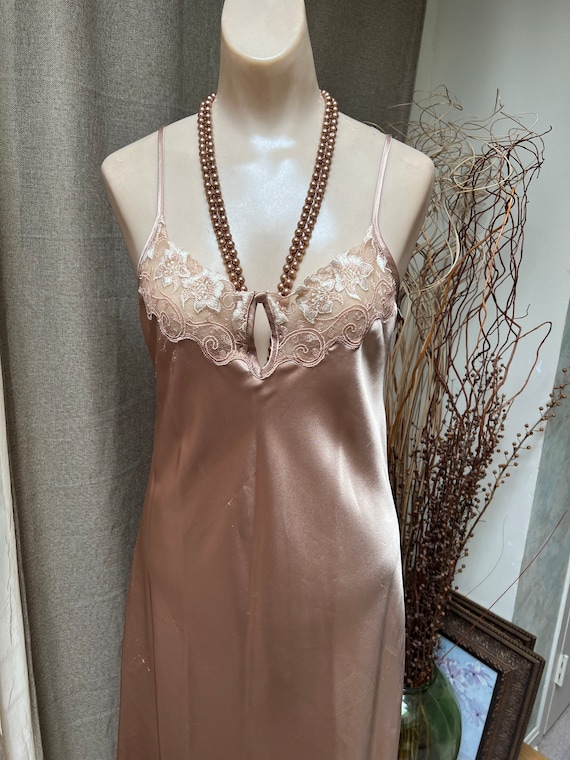 Vintage golden tan satiny Halston long night gown… - image 1