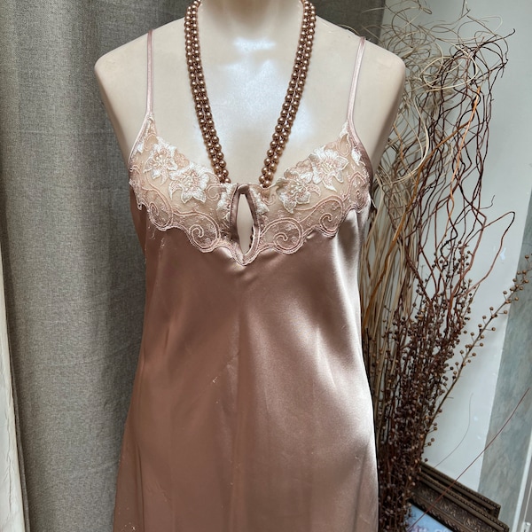 Vintage golden tan satiny Halston long night gown Sm, bride's golden satin night gown S, Halston long night gown S, embroidered goddess gown