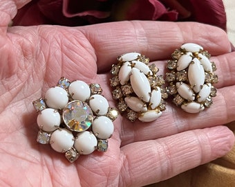 Vintage white milk glass clip earrings brooch combo, white milk glass rhinestone oval clip earrings, white AB crystals brooch