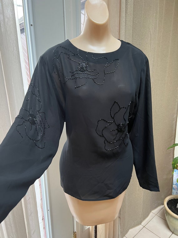 Vintage sheer black bugle beaded evening blouse S… - image 3