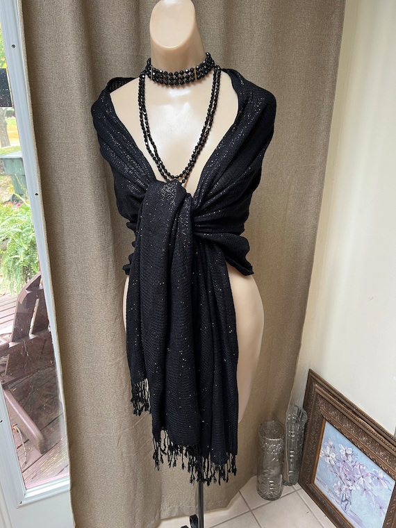 Vintage black woven oversized shawl wrap, tiny gl… - image 2