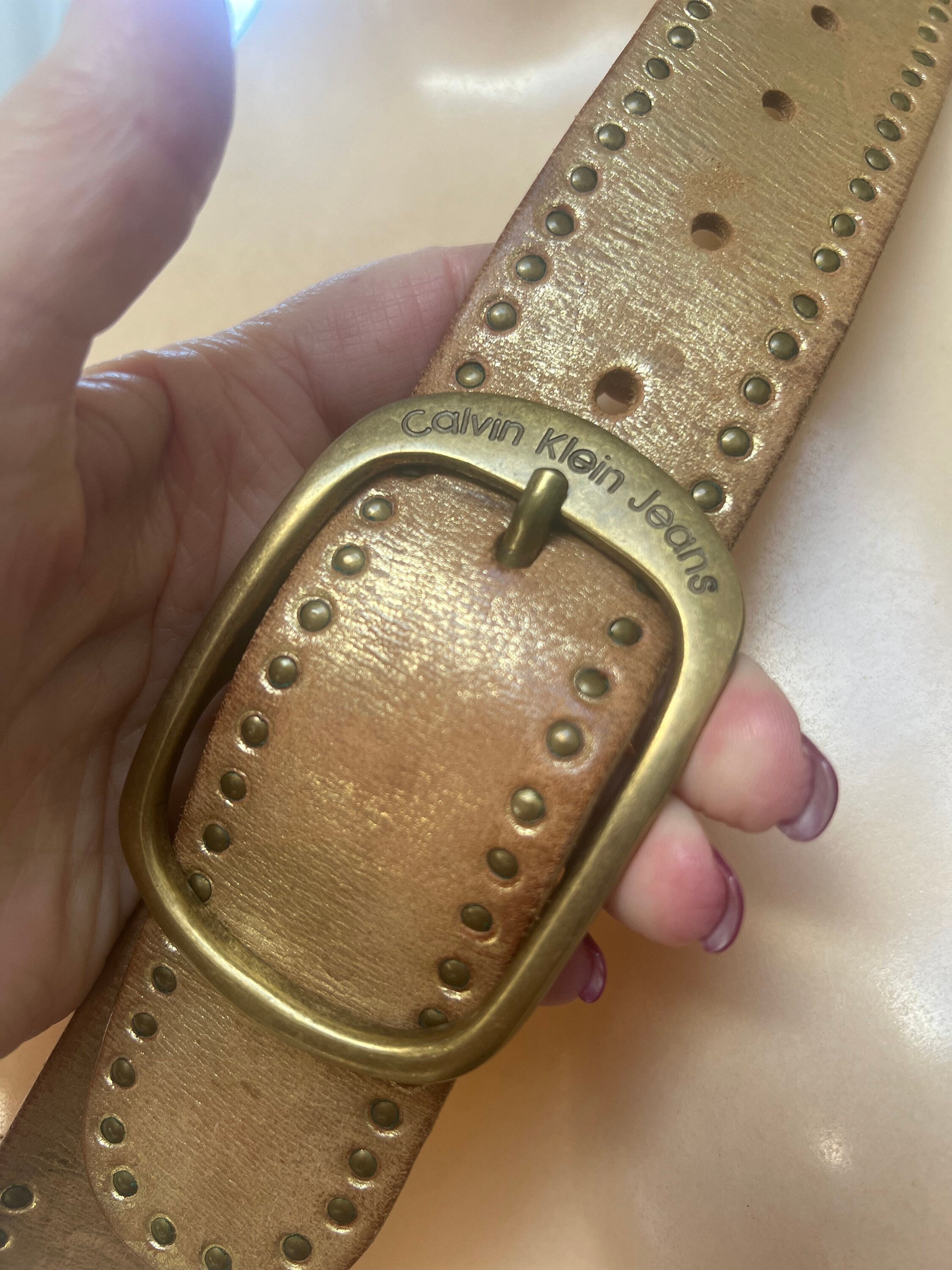 Calvin Klein Jeans Gold Leather Belt with Buckle Vintage Calvin Klein Rubbed Gold Leather Wide Belt M, Calvin  main image 4