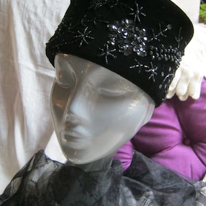 Vintage midcentury higher pillbox black velvet beaded hat, woman&#39;s high black shaped hat, beaded sequined black velvet hat, Bramson Chicago