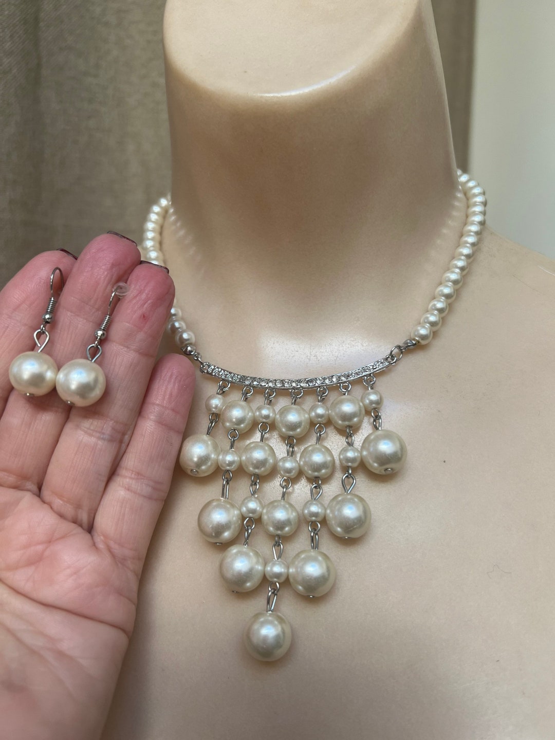 Vintage Dangling Pearl Necklace Earrings Set, Dangling Pearls Necklace Costume Jewelry, Bride's
