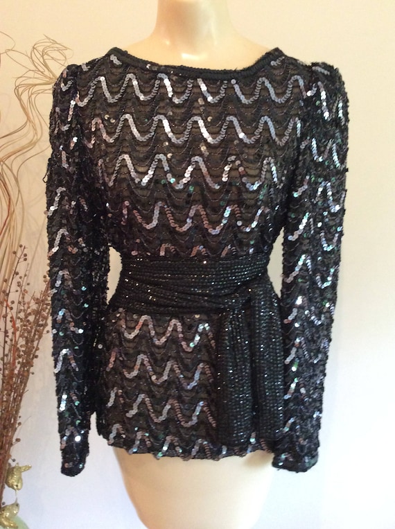 Vintage black silver sequined evening blouse, dis… - image 1