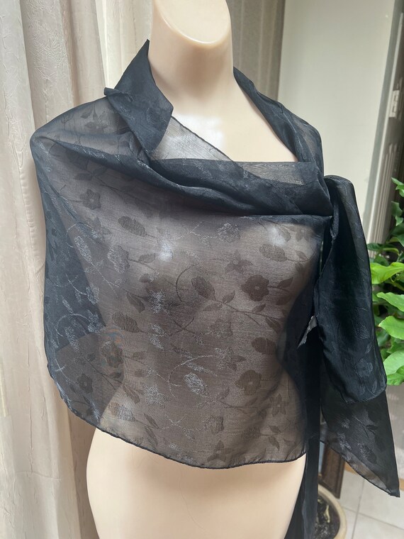 Vintage sheer black embossed Echo shoulder wrap, … - image 2