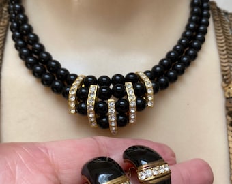 Vintage black beads double strand rhinestone necklace, black necklace half hoop earrings set, black prom jewelry, black statement jewelry