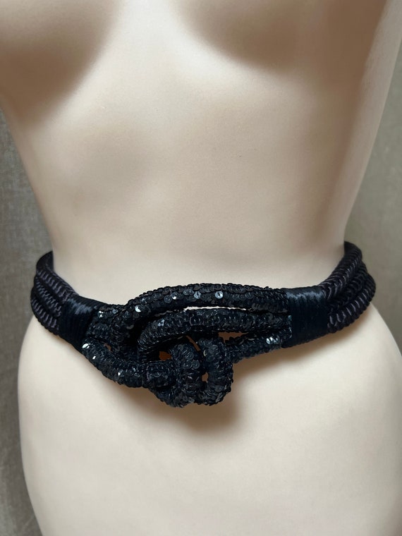 Vintage black sequined knotted fiber dressy belt,… - image 3