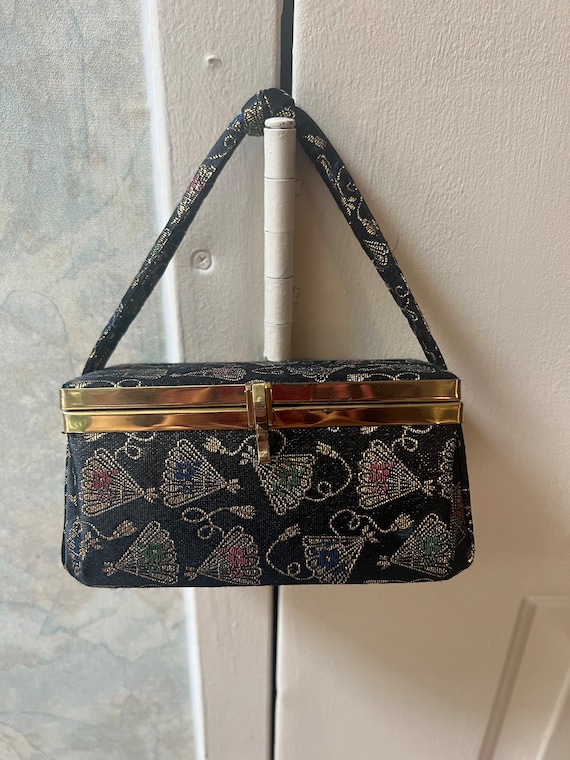 Vintage boxy Oriental fans pattern boxy handbag, … - image 5